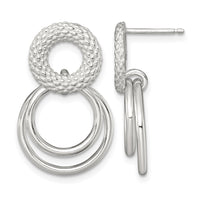 Sterling Silver Polished and Textured Double Circle Post Dangle Earrings