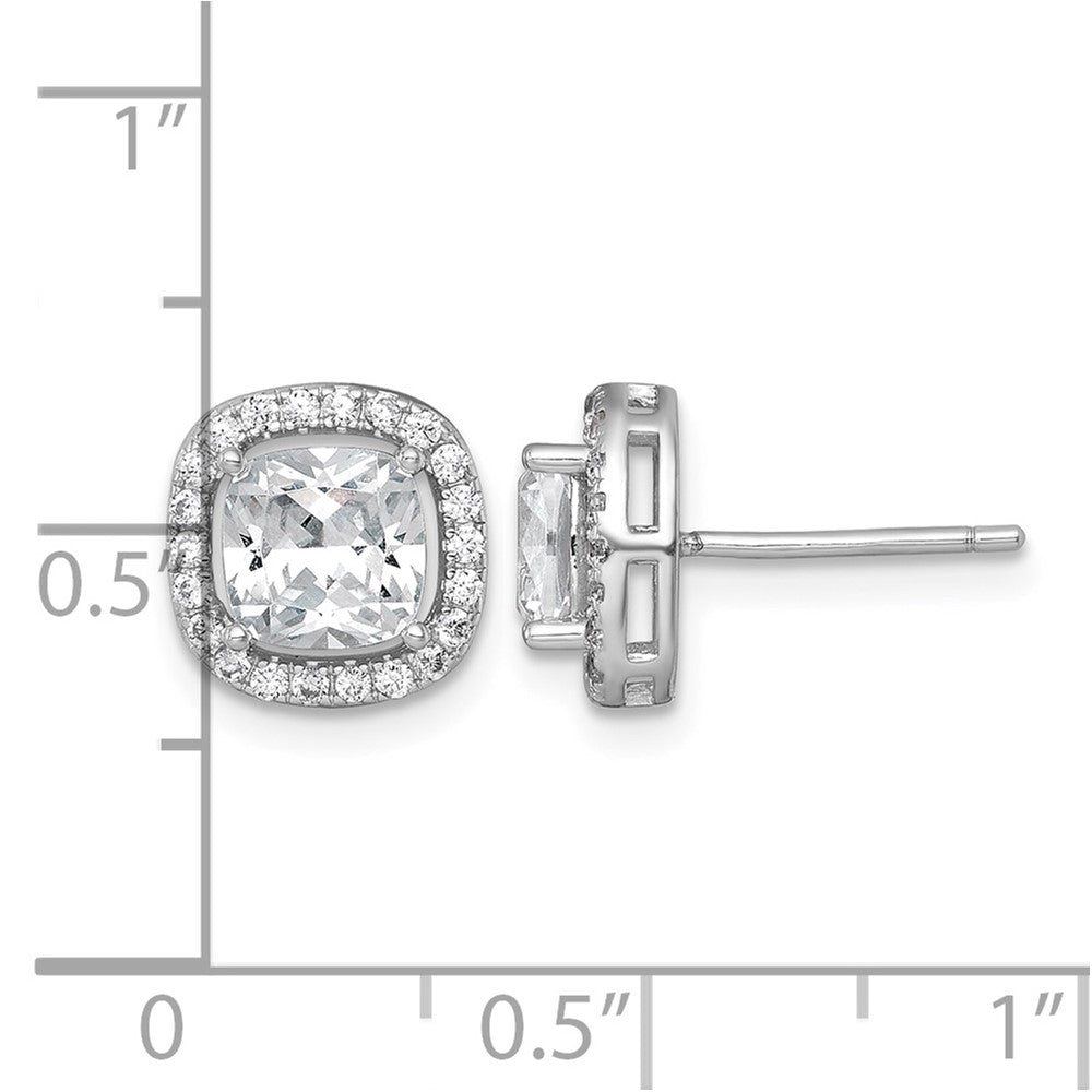 Sterling Silver Rh-pltd Polished 10mm Cushion Halo CZ Post Earrings