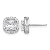 Sterling Silver Rh-pltd Polished 10mm Cushion Halo CZ Post Earrings