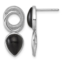 Sterling Silver Rhodium-plated Black Agate Circle Teardrop Post Earrings