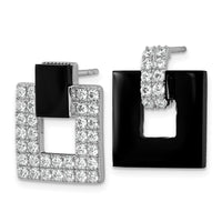 Sterling Silver RH-plated CZ Black Agate Square Dangle Mis-Matched Earrings