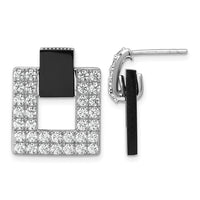 Sterling Silver RH-plated CZ Black Agate Square Dangle Mis-Matched Earrings