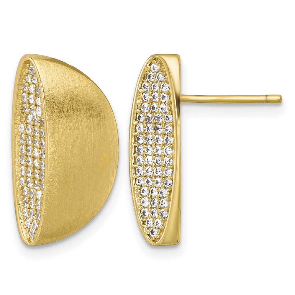 Sterling Silver Gold-pltd Brushed Polished Pave CZ Half Circle Post Earring