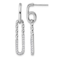 Sterling Silver Rhodium-plated CZ Twisted Paper Clip Dangle Post Earrings
