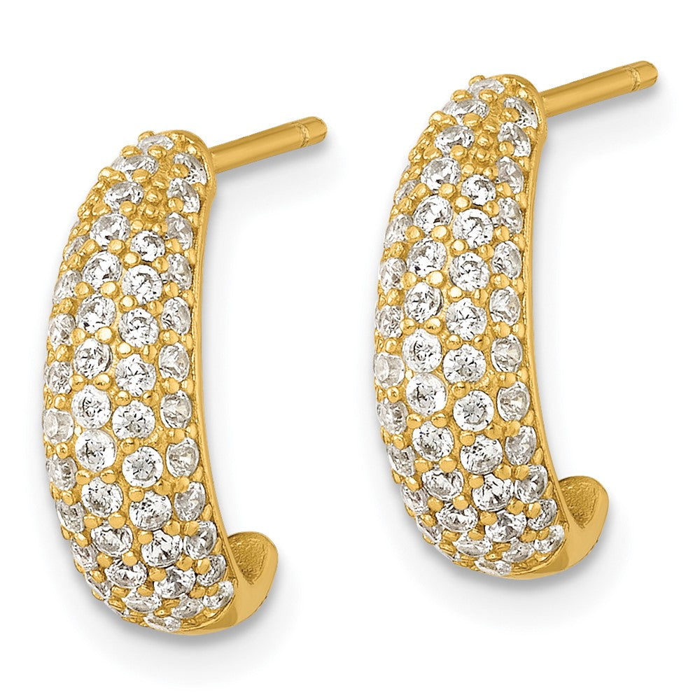 Sterling Silver Gold-tone Polished Pave CZ Post J-Hoop Earrings
