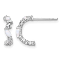 SSilver RH-plated Polished CZ and Lab Created Opal Post C-Hoop Earrings