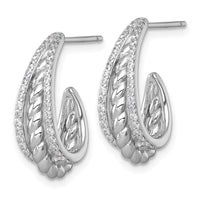 Sterling Silver RH-plated Polished and Twisted CZ Post J-Hoop Earrings
