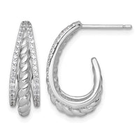 Sterling Silver RH-plated Polished and Twisted CZ Post J-Hoop Earrings