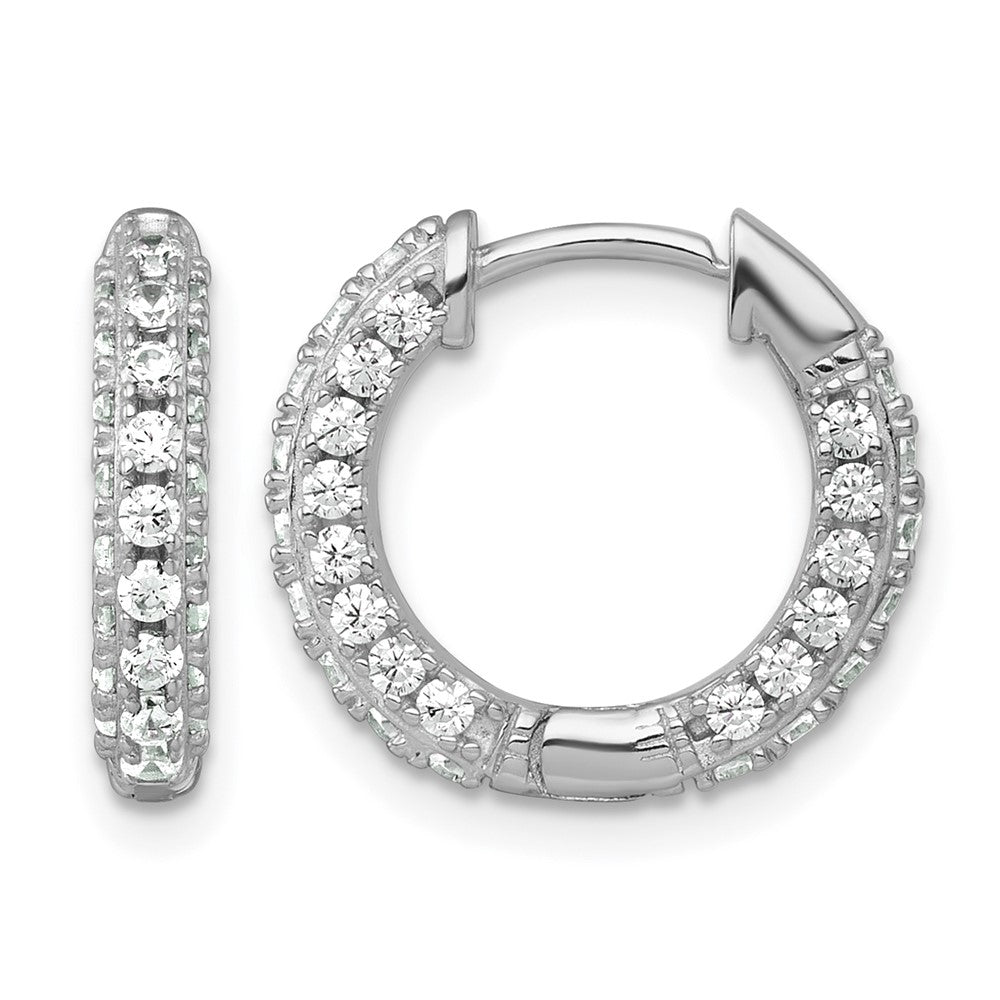 Sterling Silver RH-plated Polished CZ Hinged Round Hoop Earrings