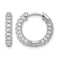 Sterling Silver RH-plated Polished CZ Hinged Round Hoop Earrings