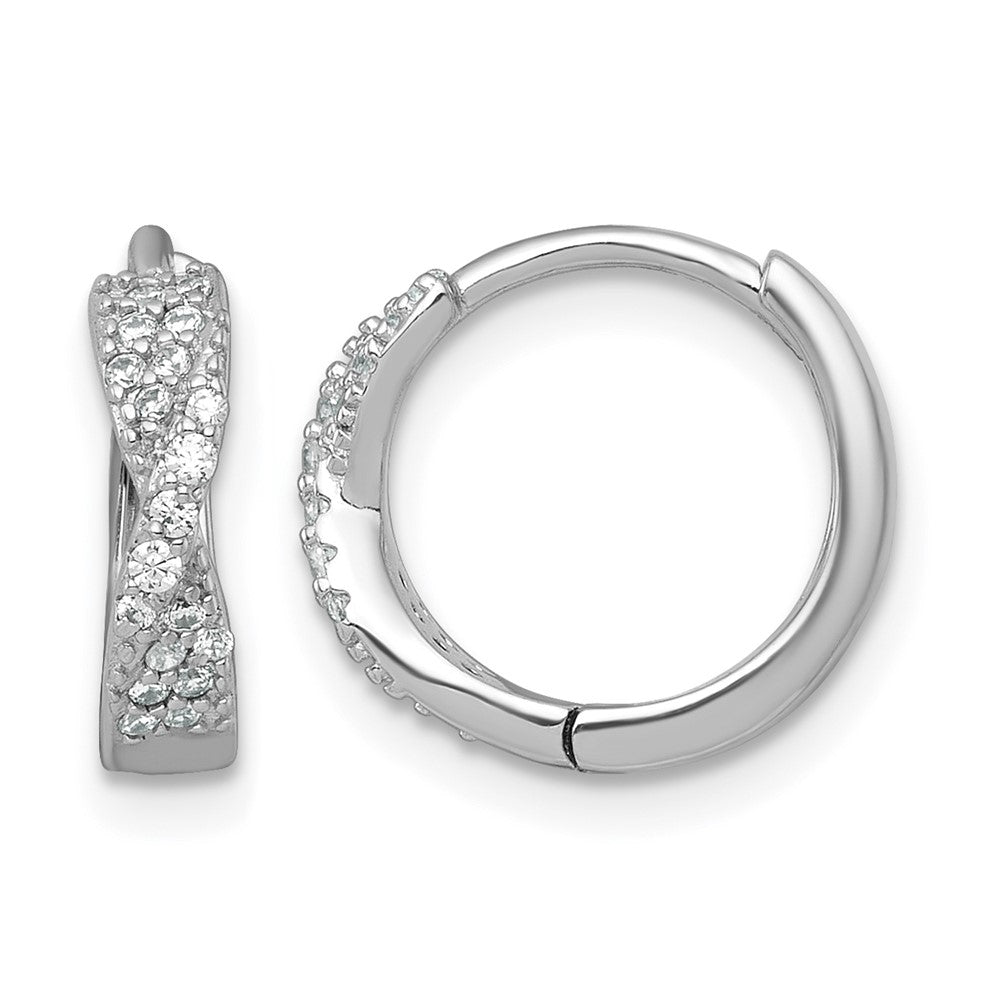 Sterling Silver RH-plated Polished CZ Hinged Round Hoop Earrings