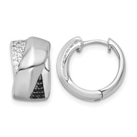 Sterling Silver RH-pltd Polished Black/White CZ Round Hinged Hoop Earrings