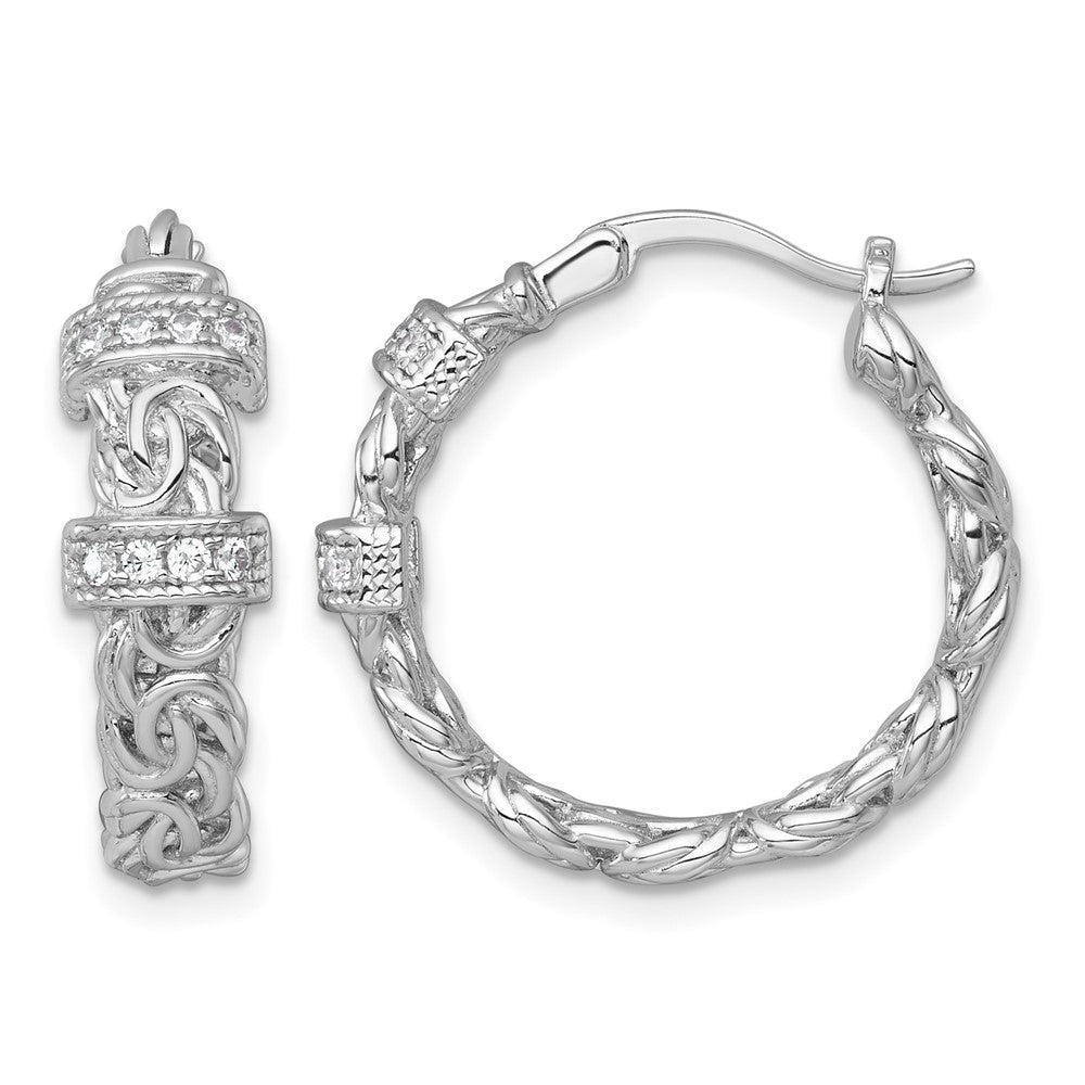 Sterling Silver RH-plated Polished CZ Byzantine Link Round Hoop Earrings