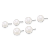 Sterling Silver Rhod 5-6mm/6-7mm/7-8mm FWC 3 pair Pearl Earring Set