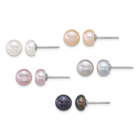 Sterling Silver Rh-plated 7-8mm Multicolor FWC Pearl 5 pair Earring Set