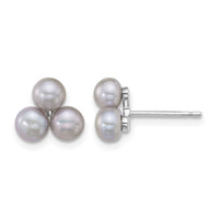 Sterling Silver Rhod-plated 5-6mm Grey FWC 3-Pearl Post Earrings