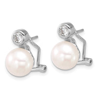 Sterling Silver Rh-plated 8-9mm FWC Pearl/CZ Omega Back Earrings