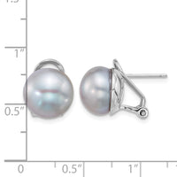 Sterling Silver Rh-plat 11-12mm Button Grey FWC Omega Back Earrings