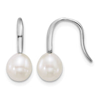 Sterling Silver Rh-plated 7-8mm Wht FWC Pearl Shepherd Hook Earrings