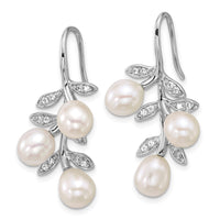 Sterling Silver Rh-plated 6-8mm Rice FWC Pearl CZ Leaf Earrings