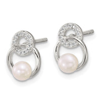 Sterling Silver Polished CZ and Imitation Pearl Circles Post Earrings