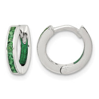 SS Polished Green CZ and Enamel In/Out Hinged Round Hoop Earrings