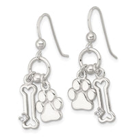 Sterling Silver Polished CZ Bone and Paw Dangle Earrings