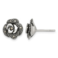 Sterling Silver Antiqued Marcasite Fancy Rose Post Earrings