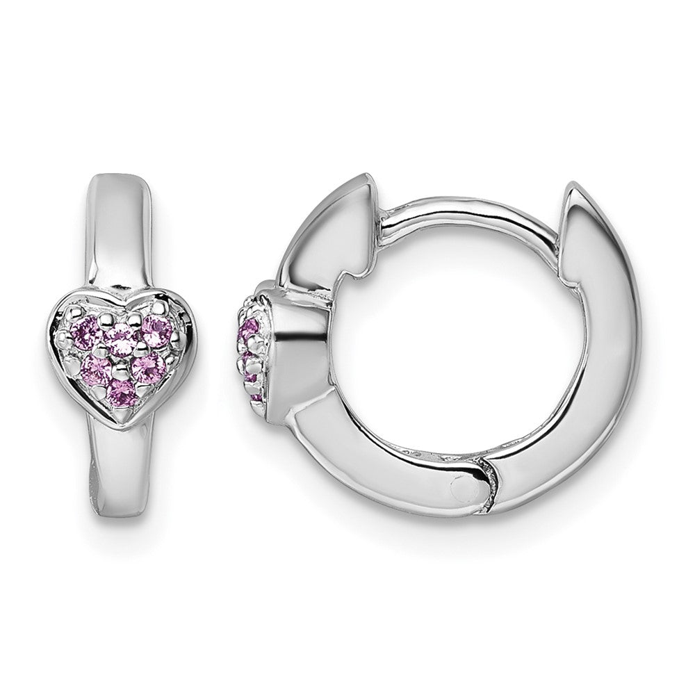 Sterling Silver Rh-plated Pink CZ Heart Hinged Hoop Earrings