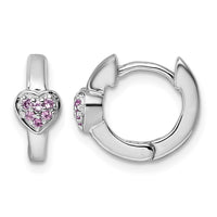 Sterling Silver Rh-plated Pink CZ Heart Hinged Hoop Earrings