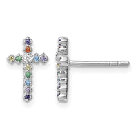 Sterling Silver Rh-plated Multi-color CZ Cross Post Earrings