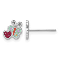 Sterling Silver RH-plat Enamel Butterfly And Heart Children's Post Earrings