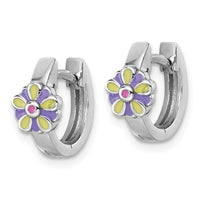 Sterling Silver Rh-plated Children's Enamel Flower Hinged Hoop Earrings