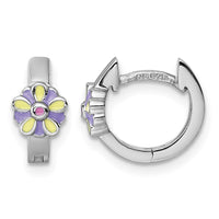 Sterling Silver Rh-plated Children's Enamel Flower Hinged Hoop Earrings