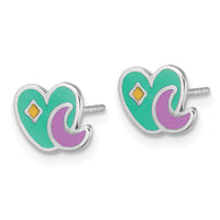 Sterling Silver RH-plated Enamel Heart And Moon Post Earrings