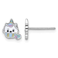 Sterling Silver RH-plated Enamel Unicorn Cupcake Post Earrings