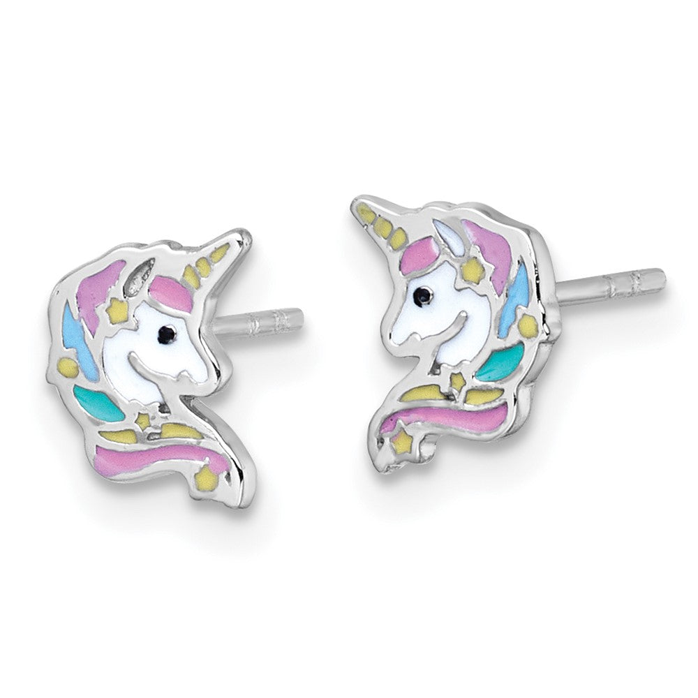Sterling Silver Rhodium-plated Enamel Unicorn Head Post Earrings