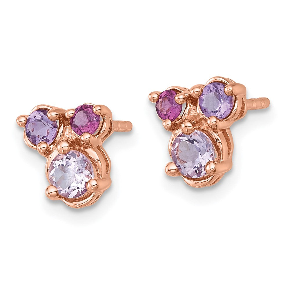 SS Rose Gold-pltd Amethyst/Pink Quartz/Rhod. Garnet Post Earrings