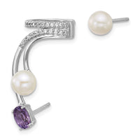 SS RH-plated CZ FWC Pearl Amethyst Post and Cuff Asymmetric Earrings