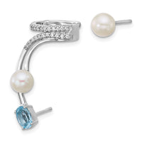 SS RH-plated CZ FWC Pearl Blue Topaz Post and Cuff Asymmetric Earrings