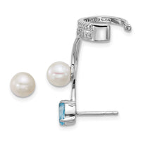 SS RH-plated CZ FWC Pearl Blue Topaz Post and Cuff Asymmetric Earrings