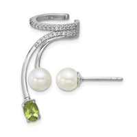 SS RH-plated CZ FWC Pearl Peridot Post and Cuff Asymmetric Earrings