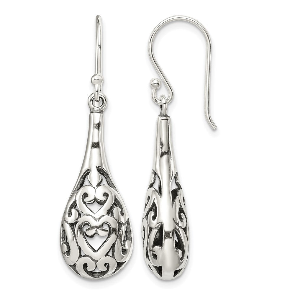 Sterling Silver Polished & Antiqued Filigree Heart Teardrop Dangle Earrings