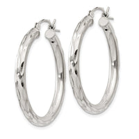 Sterling Silver Diamond-cut Satin 3x30mm Hoop Earrings