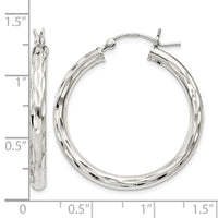 Sterling Silver Diamond-cut Satin 3x30mm Hoop Earrings