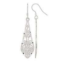 Sterling Silver Polished D/C Filigree Elongated Teardrop Dangle Earrings