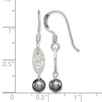 Sterling Silver Polished & Filigree Grey FW Cultured Pearl Dangle Earrings