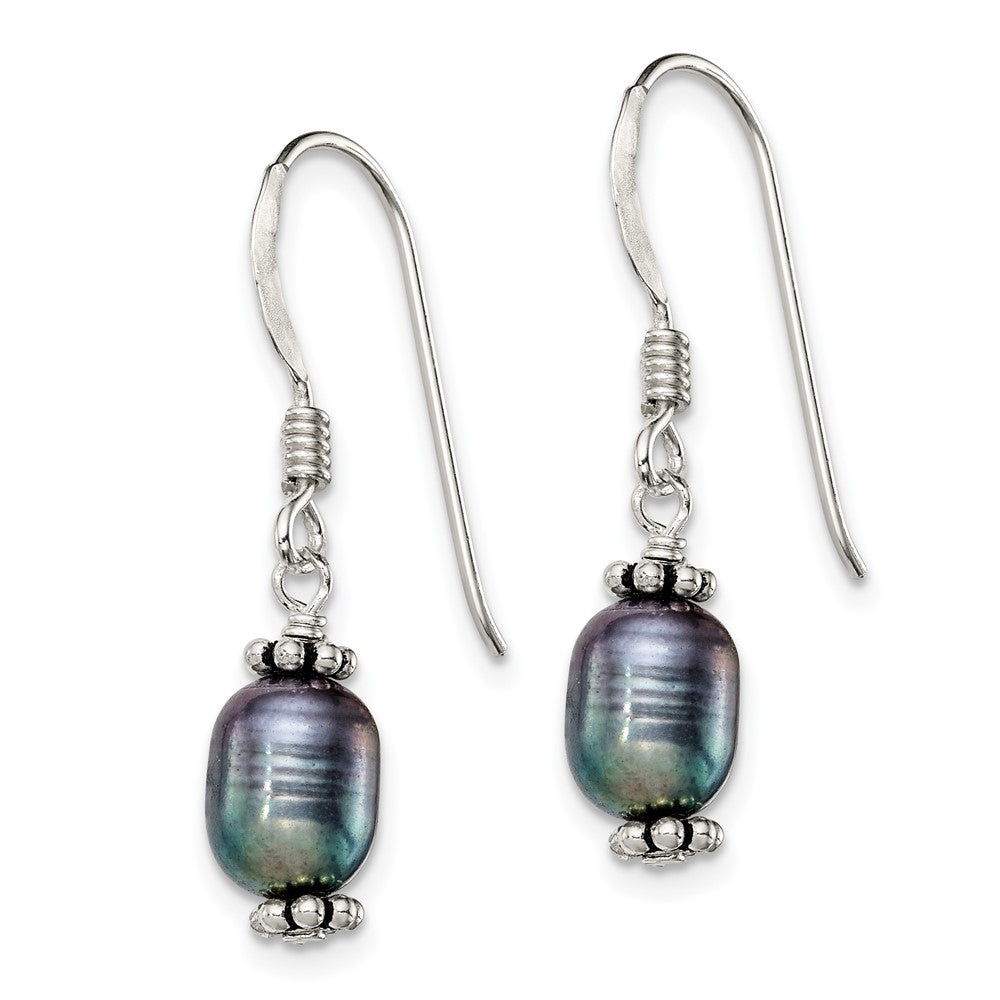 Sterling Silver Polished & Antiqued Black FWC Pearl Dangle Earrings