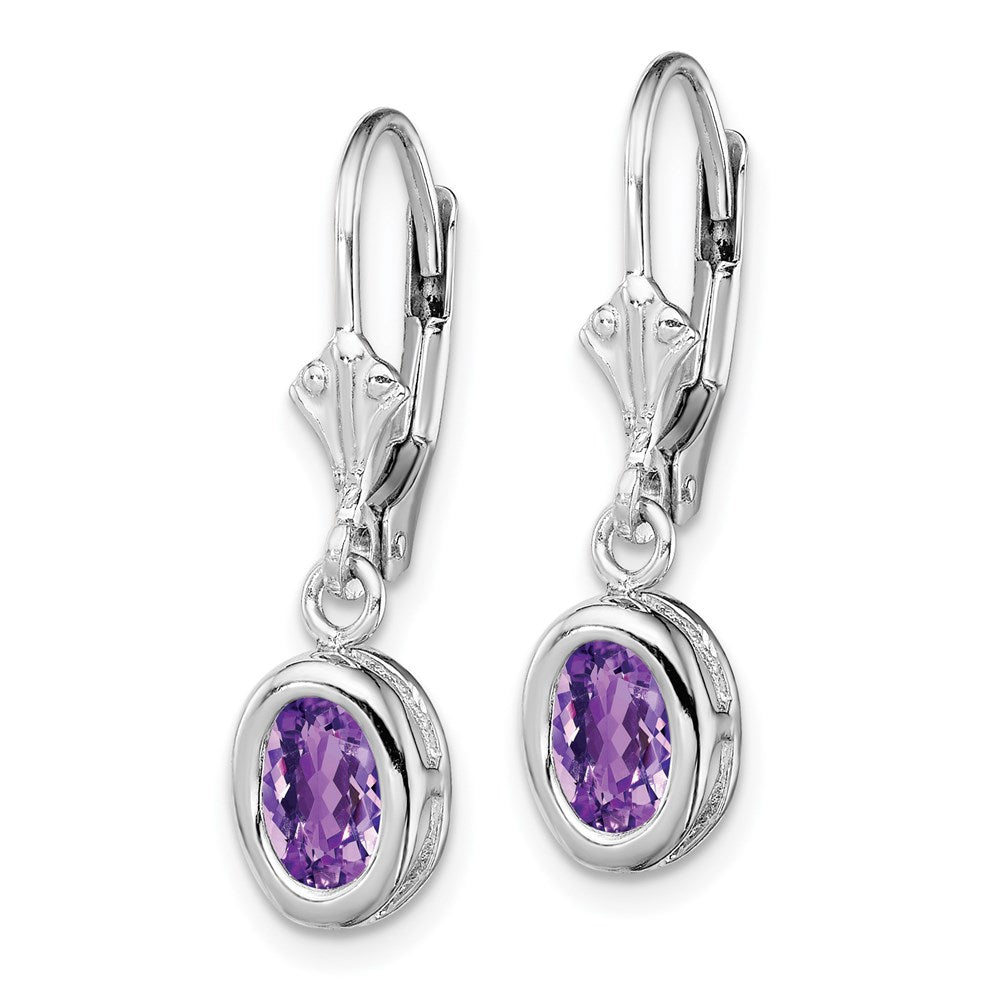 Sterling Silver Rhodium Plated 7x5mm Oval Amethyst Leverback Earrings