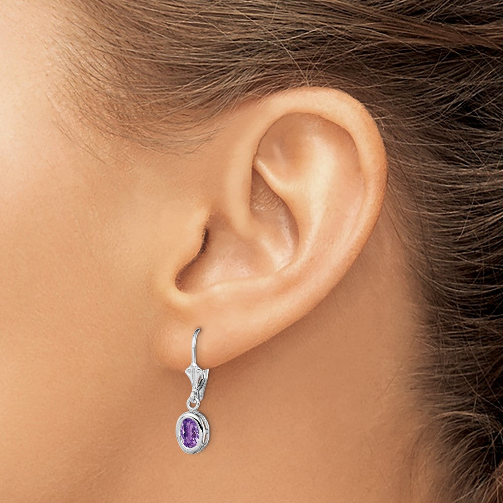 Sterling Silver Rhodium Plated 7x5mm Oval Amethyst Leverback Earrings